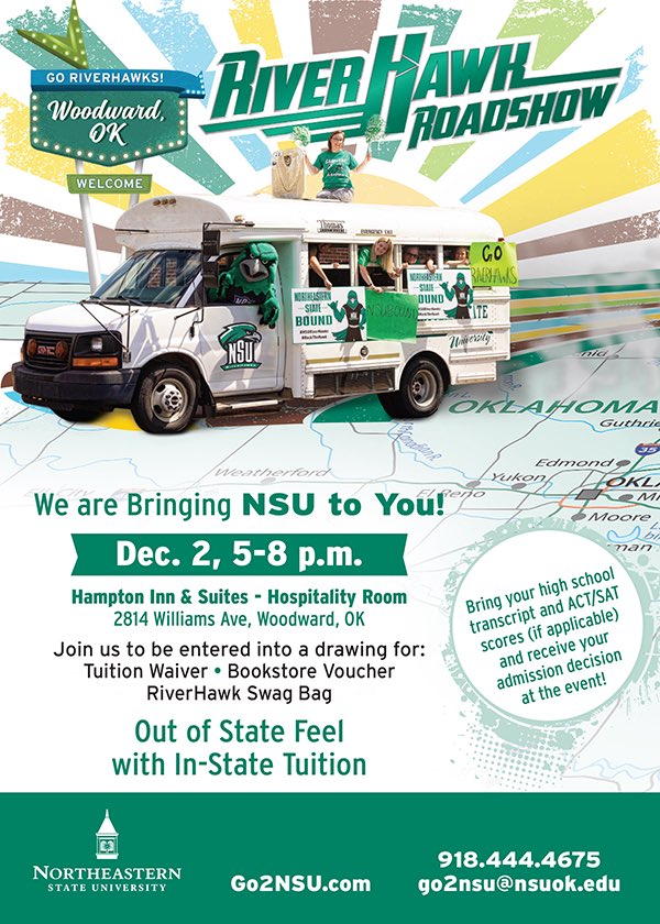 Our next RiverHawk Roadshow is in Woodward on December 2 from 5-8pm! If you bring your high school transcripts and ACT/SAT scores, you can receive your admission decision at the event! #nsubound