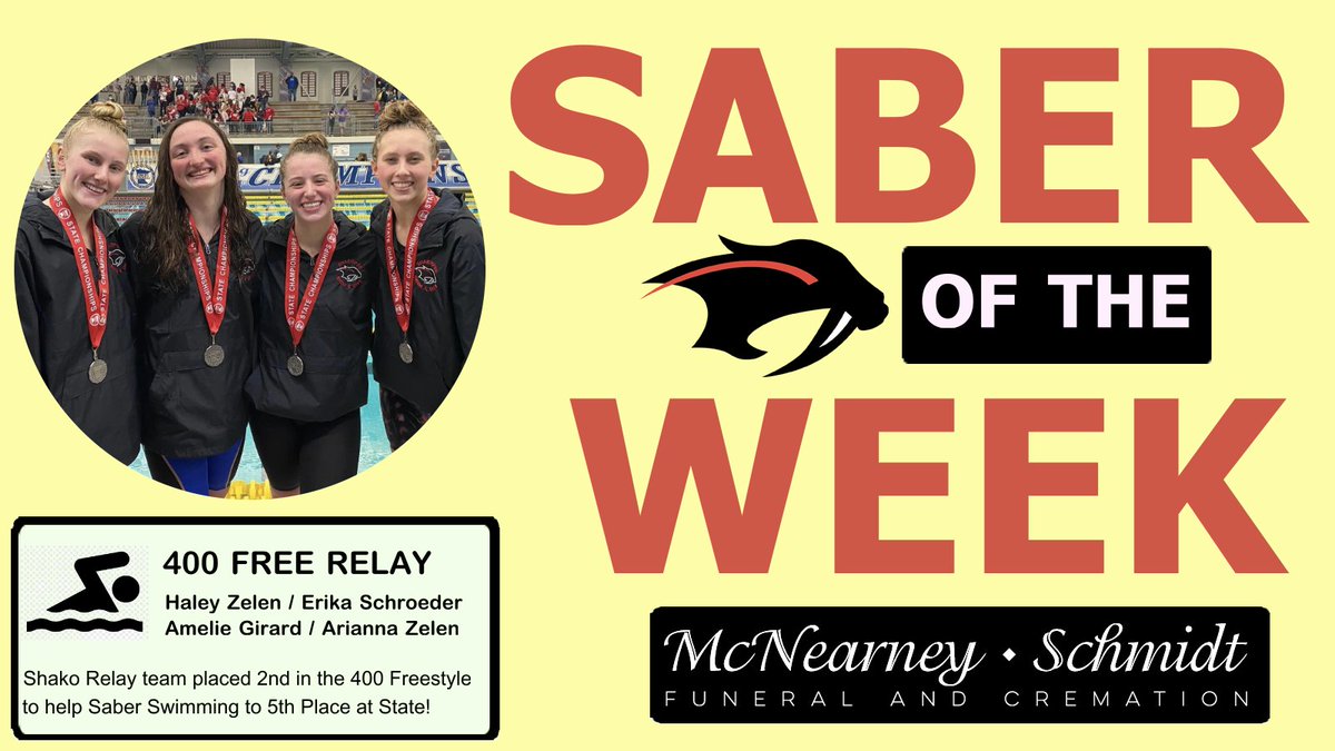SabersLive's tweet photo. This week's McNearney-Schmidt "Saber of the Week" is the @ShakoGirlsSwim Relay team! They were led by Junior Haley Zelen, who was also the individual State champ in the 100 Yd Freestyle!

Saber Swimming placed 5th out of 50 teams at the Class AA Tournament over the weekend: https://t.co/4ugSS3Nl6y