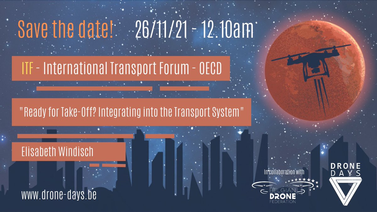 International Transport Forum <a href="/OECD/">OECD ➡️ Better Policies for Better Lives</a> works for transport policies that improve peoples's lives. 
"Ready for Take-Off? Integrating #drones into the #transport System" by ITF. 

<a href="/DroneDaysBxl/">Drone Days</a> - 26/11/2021 at 12/10pm
Registration : drone-days.be

#safety #mobility #futur