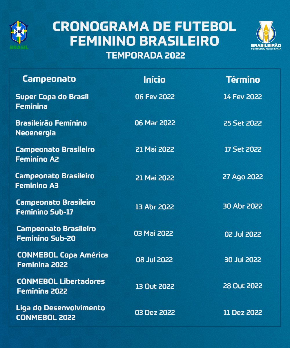 Seleção Feminina de Futebol on X: Confira o cronograma das competições  femininas para a temporada de 2022!👇🇧🇷 / X