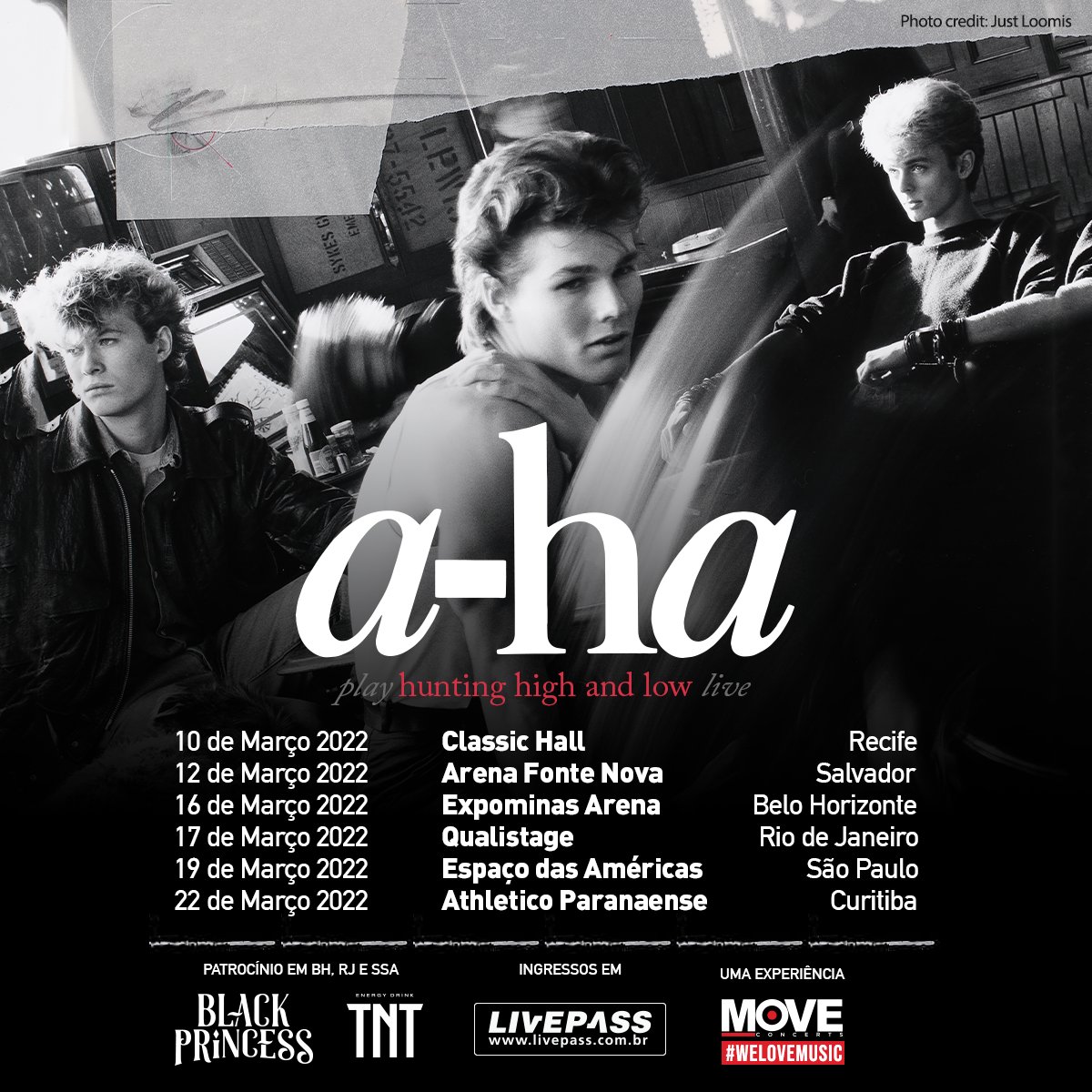 NOVAS DATAS | A Move Concerts anuncia as novas datas da turnê mundial A-HA, com apresentações confirmadas em 6 capitais do Brasil, em comemoração aos 35 anos do lançamento do álbum 'Hunting High and Low”. Vendas a partir de 25.11 em livepass.com.br #AHA #liveisback