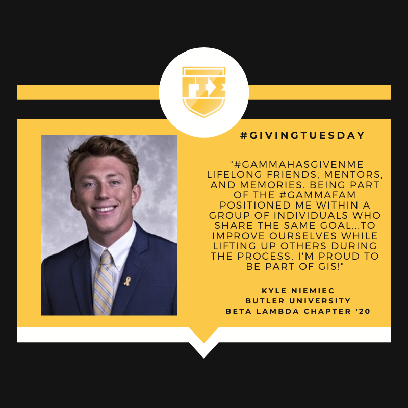 GammaIotaSigma's tweet photo. "#GammaHasGivenMe lifelong friends, mentors, and memories." Kyle Niemiec, Regional Director of the Scottsdale Alumni Chapter and '20 alumnus of the Beta Lambda Chapter at Butler University. 

Help the Scottsdale Alumni Chapter meet their goal at: https://t.co/jwoF3xUBRB https://t.co/x1LYyW0LQD