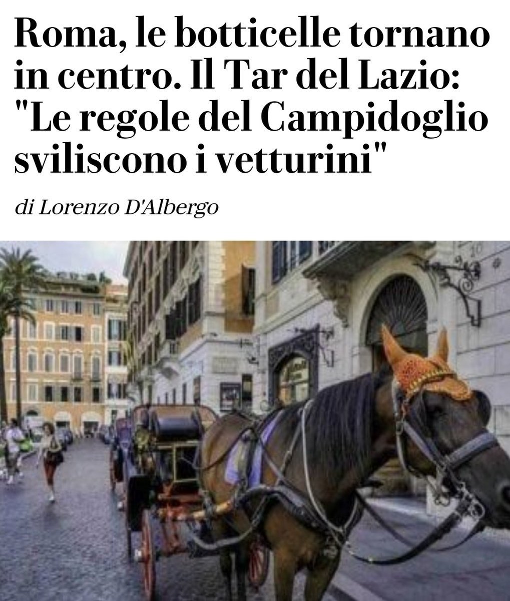 Stop del Tar del Lazio al nostro provvedimento sulle botticelle: evidentemente per gli ermellini amministrativi i cavalli devono continuare a soffrire tra smog e calura. Chiediamo a Gualtieri di risolvere la questione botticelle, visto che non è nel suo programma elettorale.