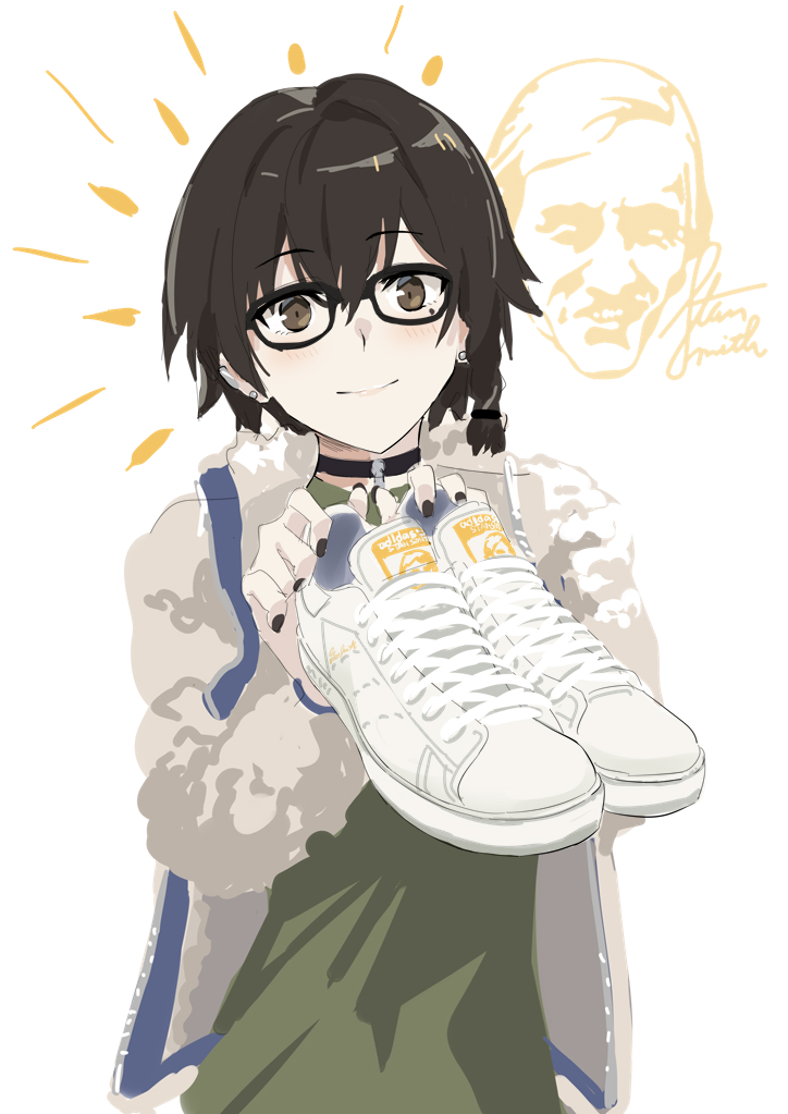 1girl choker shoes holding shoes glasses solo sneakers  illustration images