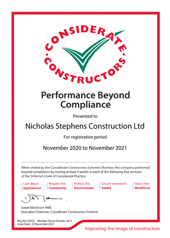 NSConstruction7's tweet photo. We value the work that we undertake and the manner in which it is conducted and to have achieved performance beyond compliance under the Considerate Constructors scheme evidences how well we deliver our projects. Well done to all the team at Nicholas Stephens. https://t.co/7NAK1W9Voq