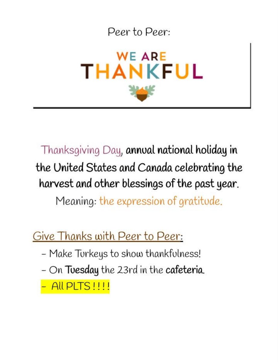 Tomorrow, join Peer to Peer in ALL LUNCHES in making hand turkeys to show what we are thankful for this Thanksgiving! #MontourProud <a href="/hilltopspartan/">Montour High School</a>