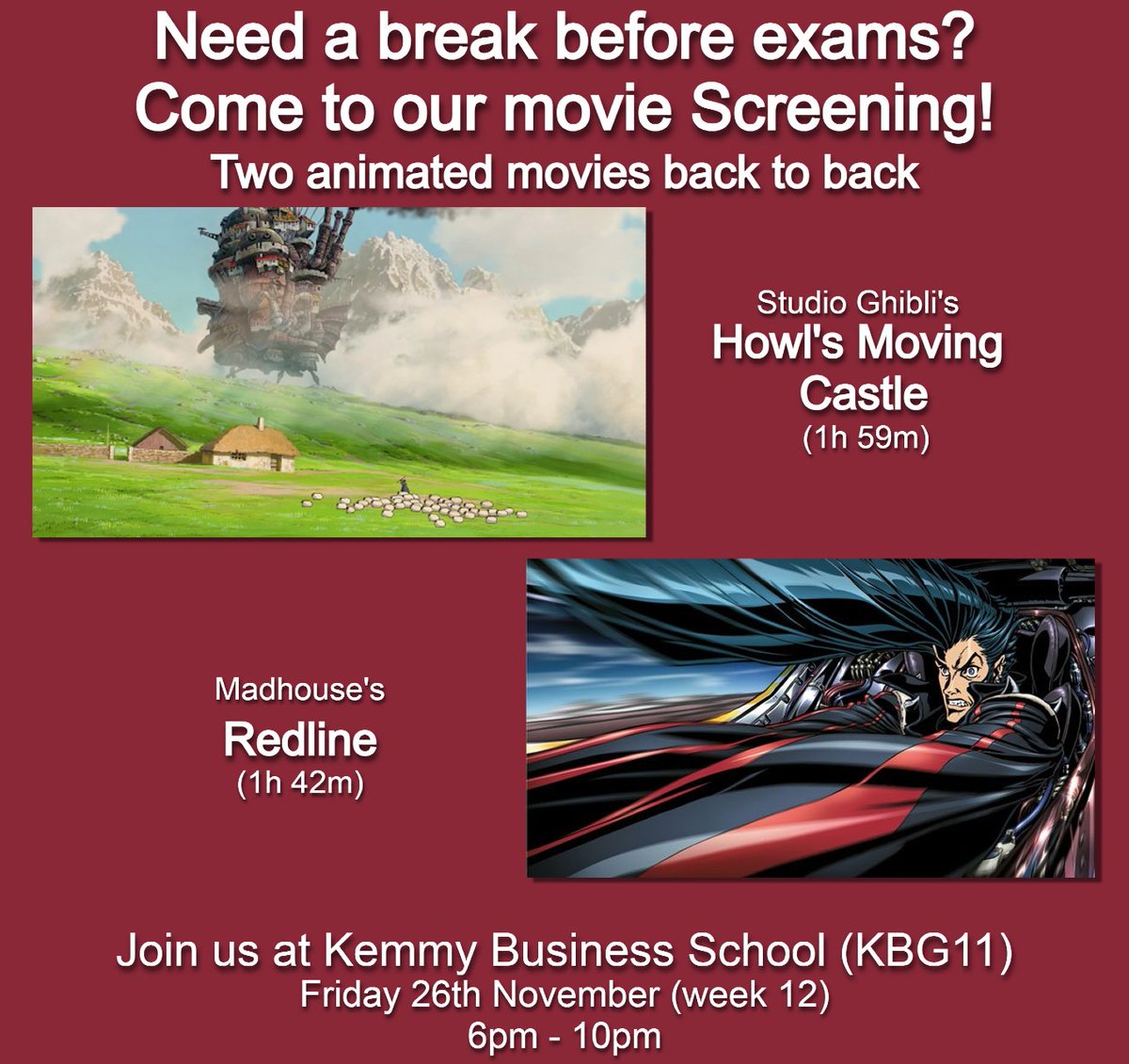 Anime &amp; Manga soc are hosting a movie Screening this week over in Kemmy Business School (KBG11) from 6pm-10pm. You need to be a member to attend so sign up at ulwolves.ie/society/anime-….