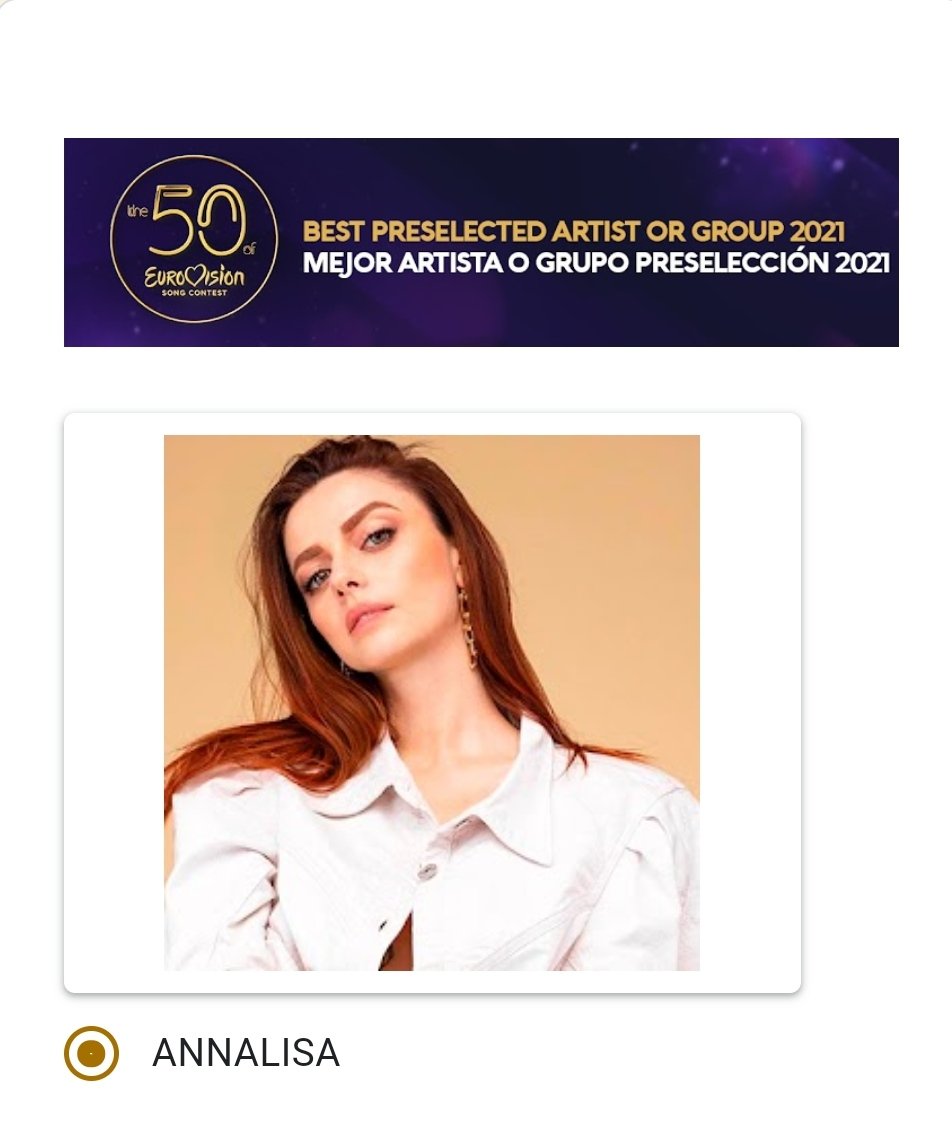 Annalisa è in nomination come miglior artista che ha partecipato alle preselezioni dell' Eurovision. 
Qui per votarla linktr.ee/the50ofEurovis…