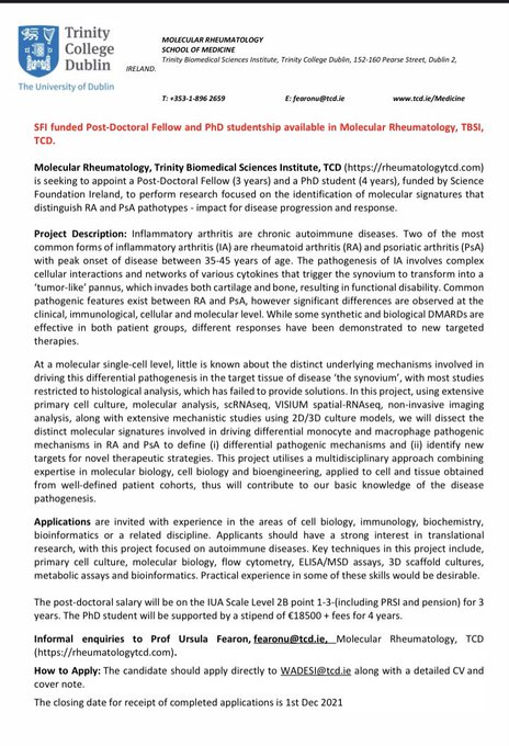 Still time to apply for the positions advertised below, looking forward to working with the new people in the Molecular Rheumatology lab of  @tcddublin  on this exciting project!  @tcdTBSI @scijobs @NatureCareers