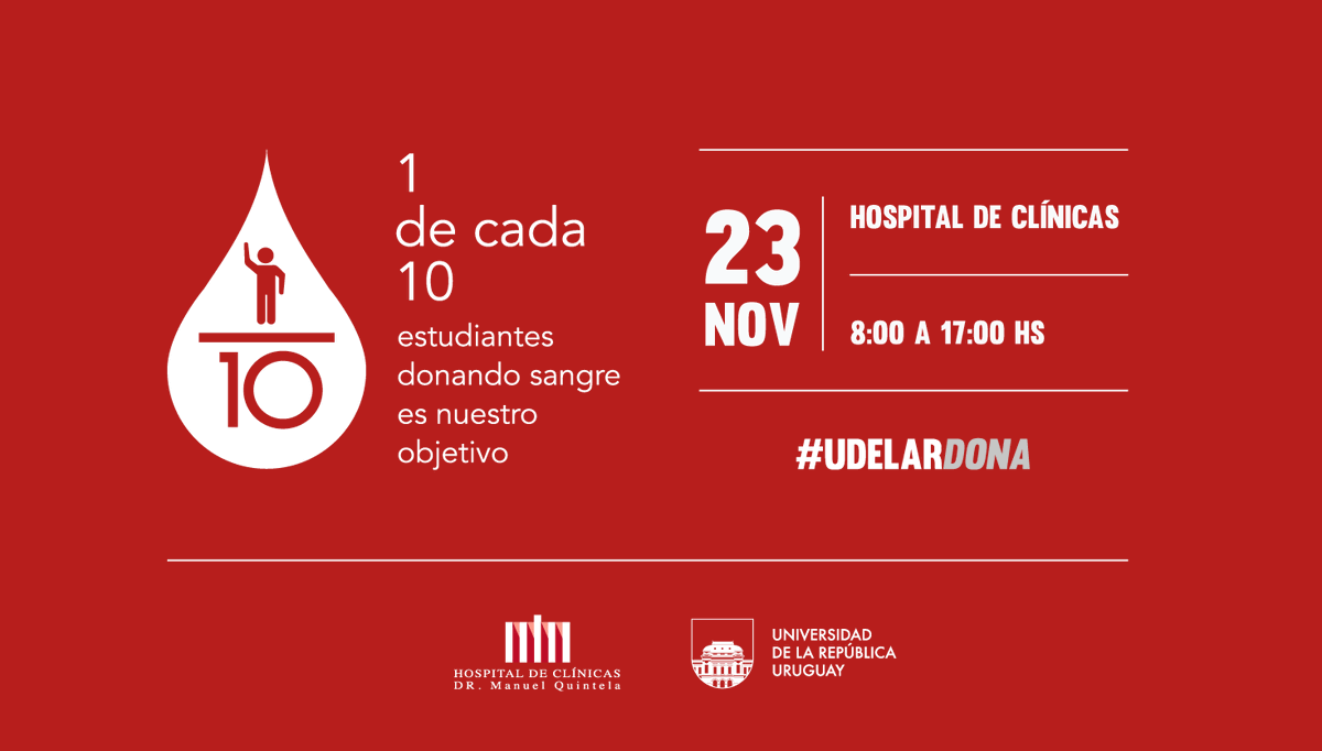 [MAÑANA] 🩸 #UdelarDona 🩸
📌 Jornada de Donación de Sangre:

🕗 8 a 17 hs
📍 <a href="/hcmquintela/">Hospital de Clínicas Dr. Manuel Quintela</a> (Banco de Sangre - Planta Baja)
❌ No es necesario agendarse previamente
🔎 Más información --> udelar.edu.uy/donarsangre

𝐕𝐨𝐬 𝐡𝐚𝐜𝐞́𝐬 𝐥𝐚 𝐝𝐢𝐟𝐞𝐫𝐞𝐧𝐜𝐢𝐚.
¡𝐒𝐮𝐦𝐚𝐭𝐞!