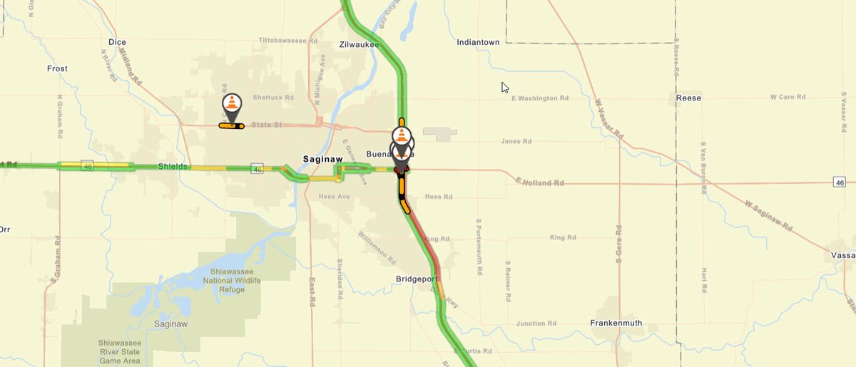 MichiganDOT's tweet photo. Saginaw Co: NB I-75 in the Saginaw County work zone is experiencing congestion as crews move NB traffic over to the northbound roadbed. Please use caution when approaching this work zone, and use an alternate route if necessary. https://t.co/DwT4mFTYRl https://t.co/ZicOZiQ7ry