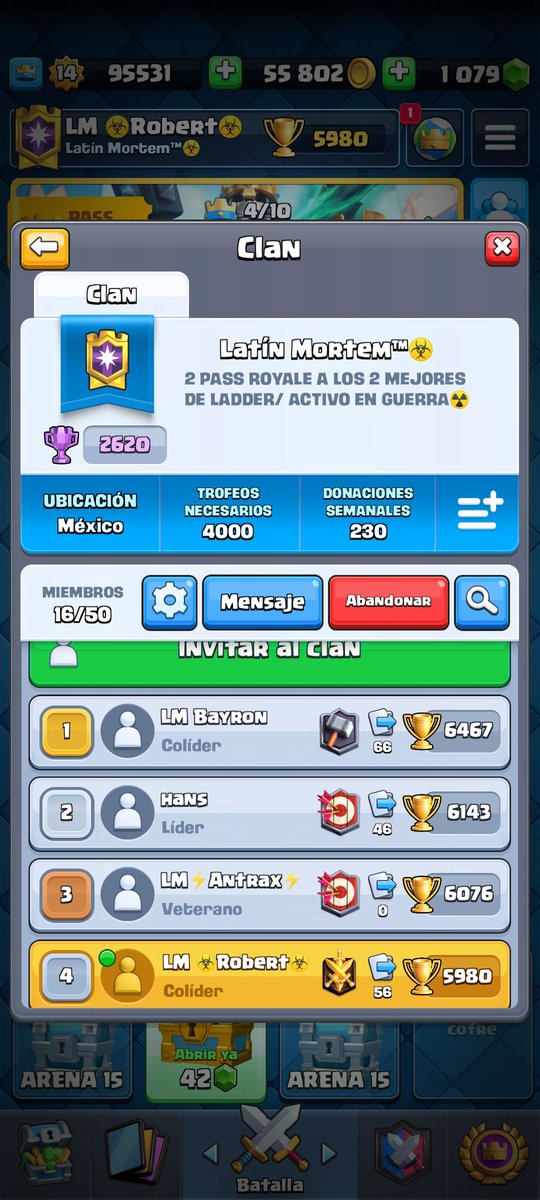 ❕❕❕❕ANUNCIO❗❗❗❗

Después de un largo periodo de descanso
Retomamos clan ladder.

Dos pass para este fin de temporada,los dos mejores en ladder y 4 para la siguiente temporada.

link.clashroyale.com/invite/clan/es…