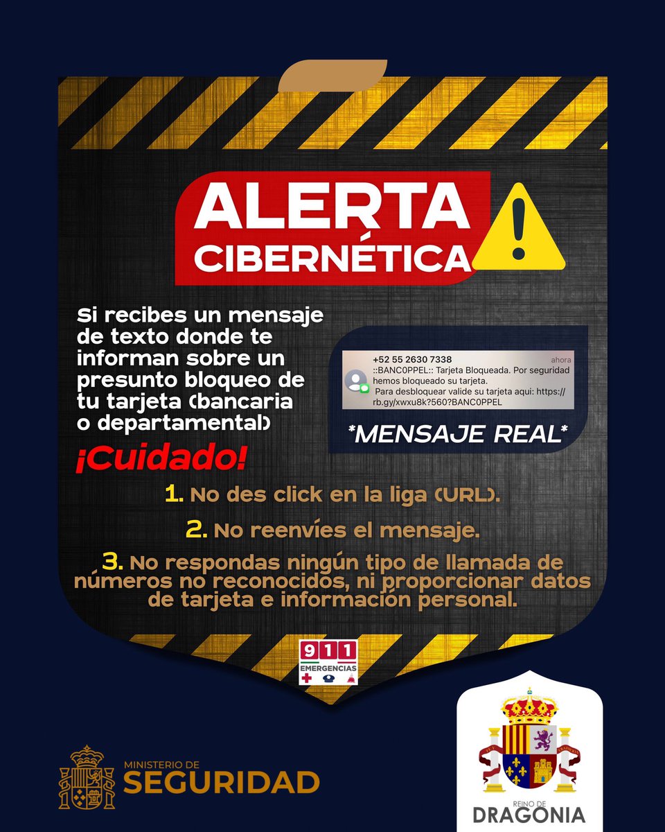 ⚠️ALERTA⚠️

Se han detectado en las últimas horas, mensajes de texto vía sms, donde informan sobre un presunto bloqueo de tarjetas. La liga que anexan para el presunto desbloqueo es un Phishing para robar los datos de la tarjeta a “desbloquear”. 

#AlertaCibernética
