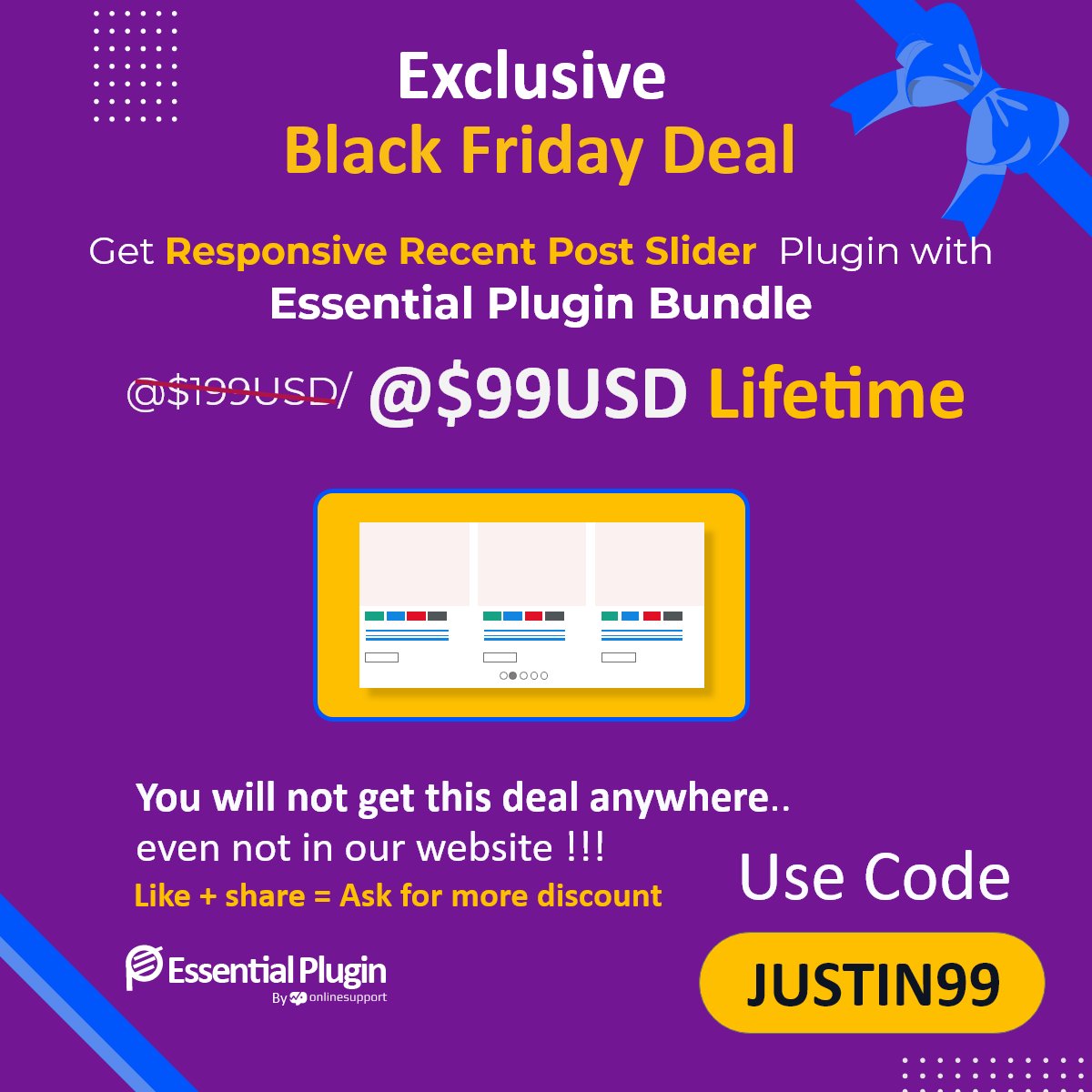 essentialplugin's tweet photo. EXCLUSIVE BLACK FRIDAY DEAL!!!

Get WP Responsive Recent Post Slider with Essential Plugin Bundle @ $99 USD/ Lifetime (Right now $199 on our website)

Use code JUSTIN99 during checkout: https://t.co/zLGufIEouQ 

#BlackFridayDeal #Blackfridaysale #Blackfriday2021 #EssentialPlugin https://t.co/mPQU2Lgelb