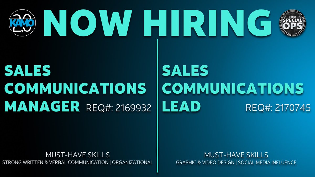 📣 Are you ready to take your career to the next level??
 
✨We are hiring 2 rockstars to drive KAMO Communications!✨
 
#ApplyNow #KAMOkareers #LifeAtATT
