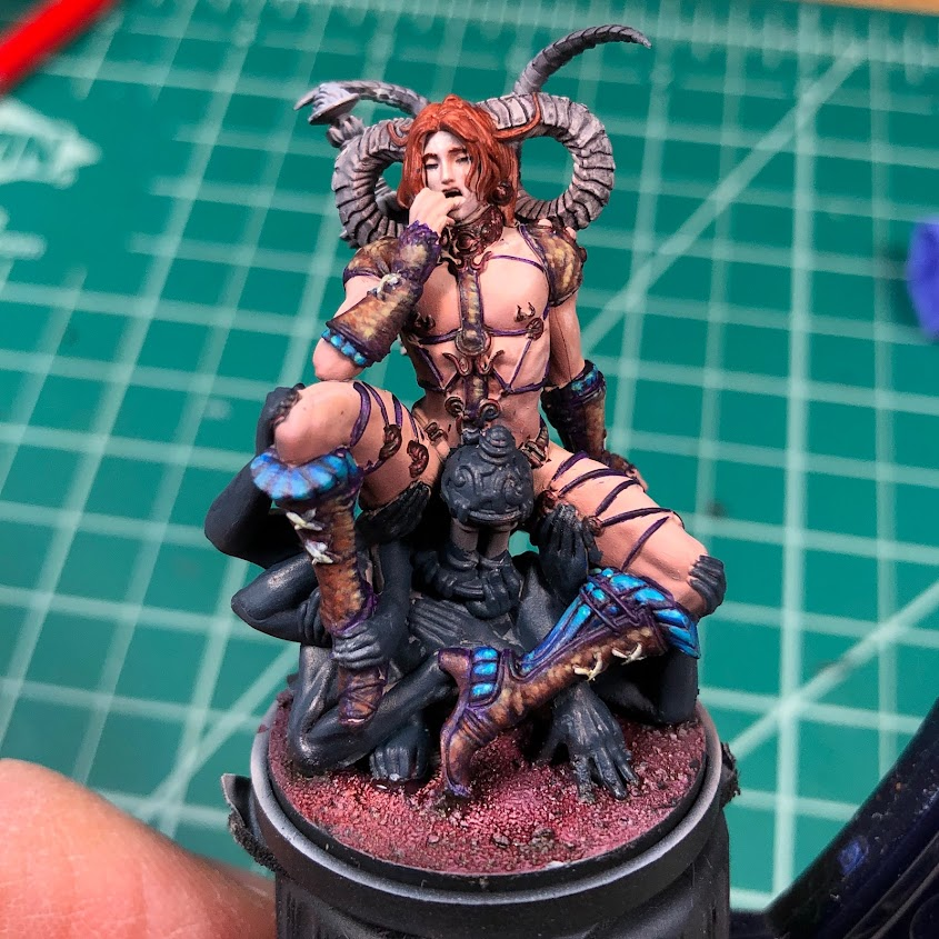 tex_red's tweet photo. Started the Pinup Nightmare Ram. Was laying down the skin tone and pulled out the airbrush because there was just so much of it. Will clean it up after all the strappy bits finished.

#kingdomdeathmonster #kingdomdeath #miniaturepainting #miniatures #pinup #wip #truewip https://t.co/vkmLS3HFcW