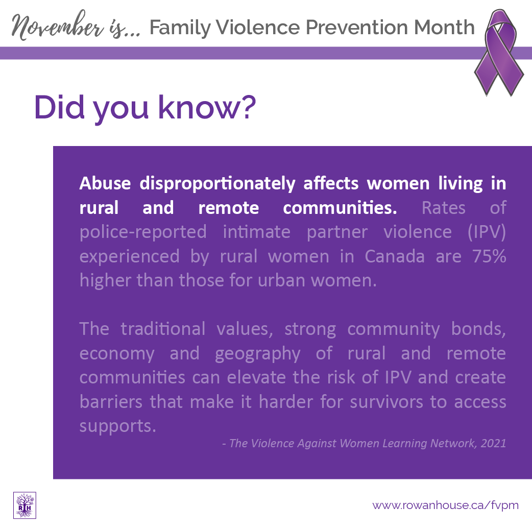 RowanHouse's tweet photo. Did you know, another group at higher risk of experiencing abuse is women in rural and remote communities?
November is Family Violence Prevention Month. Take a stand: https://t.co/R9lfwyH1Qe
#endabuse #healthyrelationshipsmatter #fvpmab #GoPurpleAB https://t.co/q52hsVpsUN