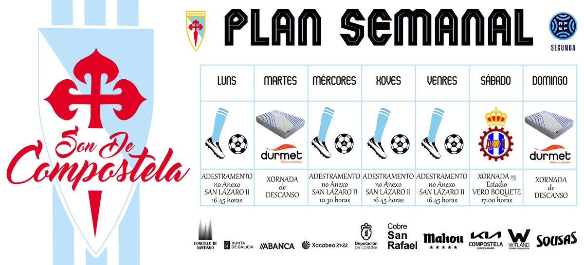 SD_Compostela's tweet photo. 📋 𝐏𝐋𝐀𝐍 𝐒𝐄𝐌𝐀𝐍𝐀𝐋

👉 Os nosos regresan nestes momentos ao traballo, trala longa viaxe de onte!!! Mañá, descanso con #Durmet, e despois tres sesións no San Lázaro II para preparar a visita do @RealAvilesind!!! 

#ComposAvilés #SonDeCompostela https://t.co/H3JZ4exlik