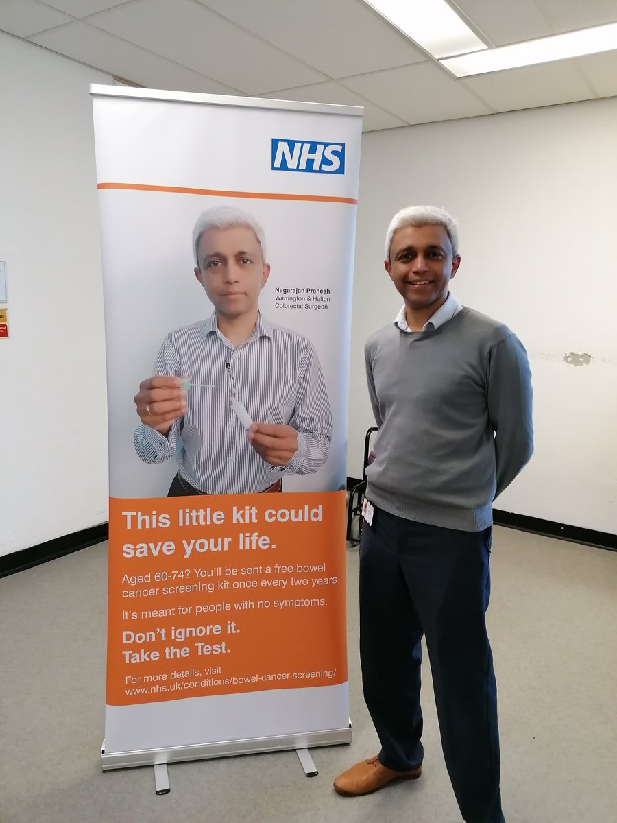 Coming to our local Gp Practices🏡, Pranesh our <a href="/WHHNHS/">WHH 🏥</a> bowel surgeon modelling our new screening pop up banners! Early diagnosis is 🔑 <a href="/Kimberley_S_J/">Kimberley S-Jamieson</a> <a href="/Markrigby61Mark/">Warrington & Halton operating theatres</a> <a href="/WHHFTChair/">Steve McGuirk CBE,DL</a>  @WarringtonCCG
