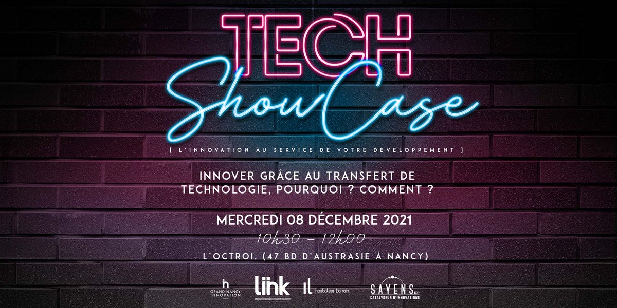 1ère conf dans le cadre du Tech ShowCase : qui pour vous accompagner dans le transfert de techno ?
Inscrivez-vous !
bit.ly/3cGOkxK
<a href="/Grandnancyinnov/">Grand Nancy Innovation</a> <a href="/SATT_SAYENS/">SATT_SAYENS</a> <a href="/Univ_Lorraine/">Lorraine</a> <a href="/CNRS_Centre_Est/">CNRS Centre-Est</a> <a href="/Inria_Nancy/">Centre Inria de l'Université de Lorraine</a> <a href="/INRAE_Nancy/">INRAE Grand Est - Nancy</a> <a href="/CHRU_de_Nancy/">CHRU de Nancy</a> @InsermEst