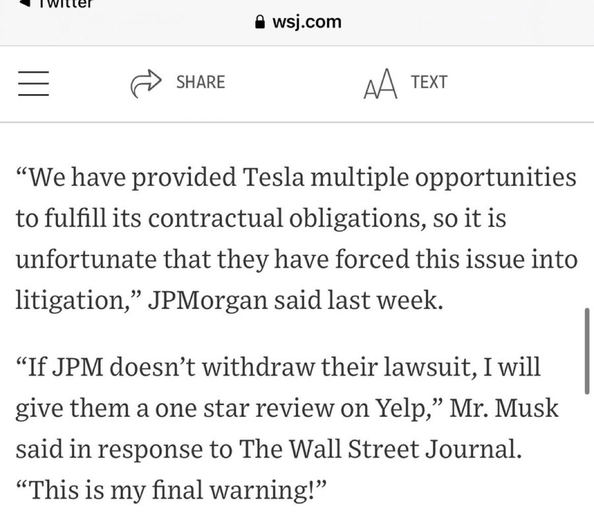 heydave7's tweet photo. “If JP Morgan doesn’t withdraw their lawsuit, I will give them a one star review on Yelp.  This is my final warning!” - @elonmusk 🤣

via @wholemars https://t.co/AlPPyAuFlm