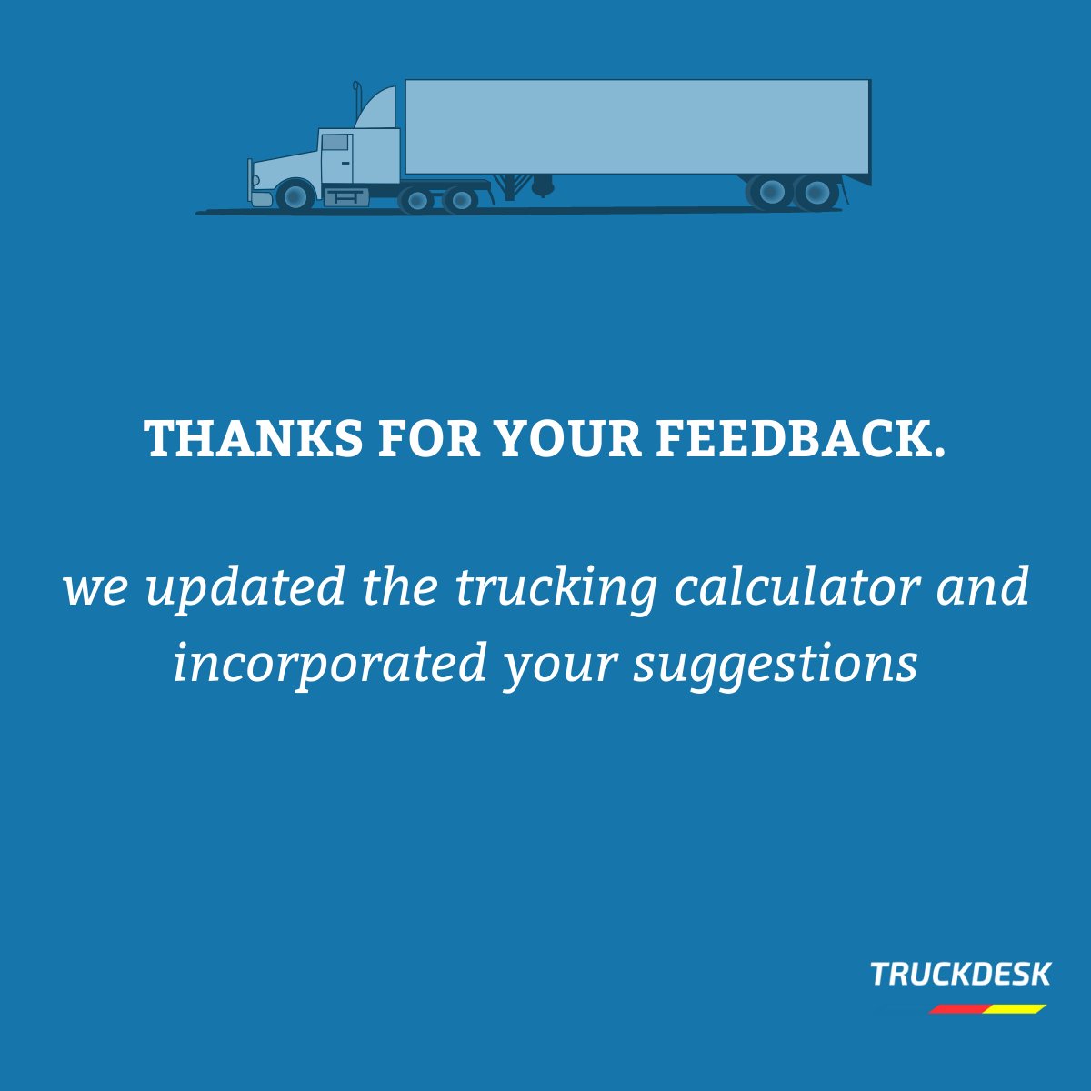 TruckDesk's tweet photo. Thanks for your input and suggestions. We've updated the trucking calculator to better suit your trucking operations. Try out the new stuff here:

https://t.co/KMNT9MTe1D

# #trucking #logistics #logistictech https://t.co/mMlmv4ezxO