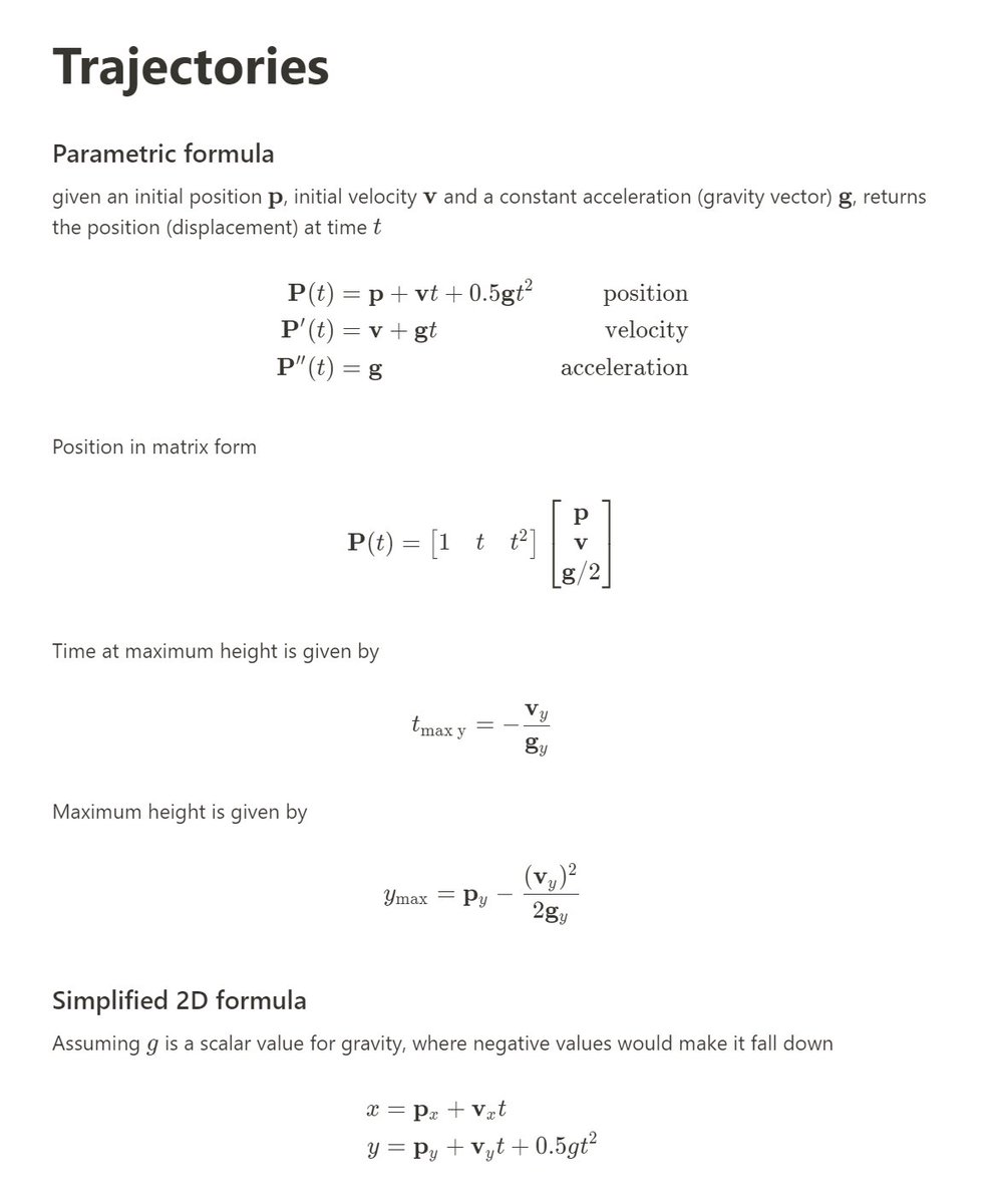 FreyaHolmer's tweet photo. some formulas for trajectories https://t.co/qg0cpPrIiW