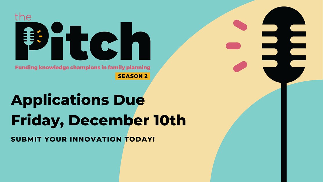 Johns Hopkins Center for Communication Programs (@johnshopkinsccp) on Twitter photo The Pitch is back for its second season! The Pitch is a series of knowledge management competitions by CCP's <a href="/fprhknowledge/">Knowledge SUCCESS</a>, awarding up to $50,000 towards family planning innovations.
Watch Season One: knowledgesuccess.org/the-pitch/seas…
Apply by Friday, Dec. 10: knowledgesuccess.org/the-pitch/ The Pitch is back for its second season! The Pitch is a series of knowledge management competitions by CCP's <a href="/fprhknowledge/">Knowledge SUCCESS</a>, awarding up to $50,000 towards family planning innovations.
Watch Season One: knowledgesuccess.org/the-pitch/seas…
Apply by Friday, Dec. 10: knowledgesuccess.org/the-pitch/