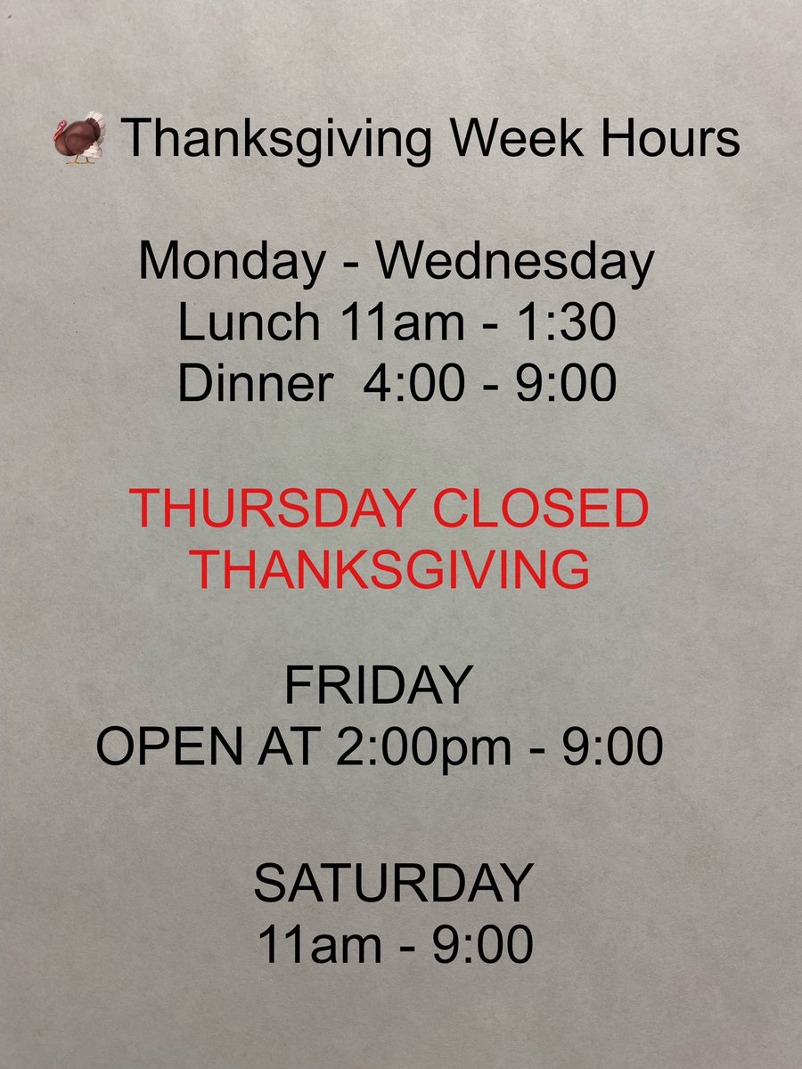 faracispizza's tweet photo. FYI: Here are Faraci’s Thanksgiving Week hours ! Please note WE WILL BE OPEN ON FRIDAY FROM 2pm - 9:00pm . 🦃🍂🍁 https://t.co/rRsA6g1uvA