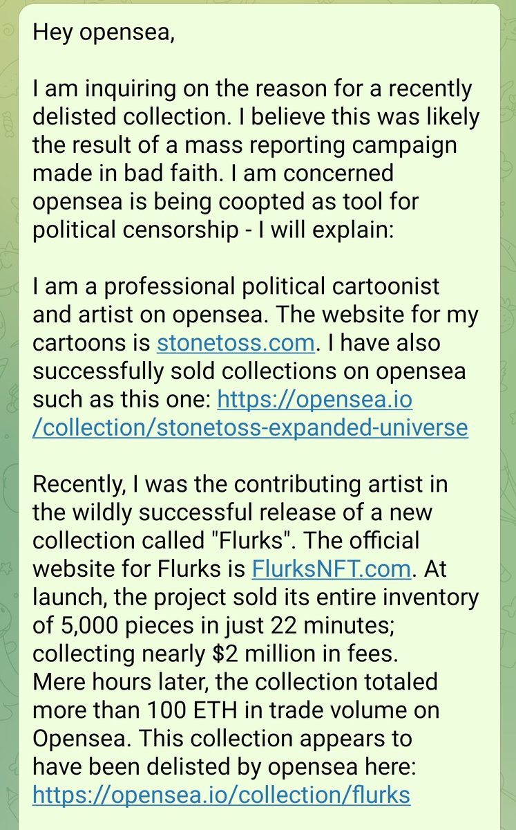 stonetoss's tweet photo. Hello @opensea.
I am reaching out because I fear your platform is being coopted as a tool for political censorship.

I also sent this message to your support page. My collector community would like a reply.

(Also respectfully tagging opensea founders @dfinzer &amp; @alexatallah) https://t.co/h8VPDQiBmh