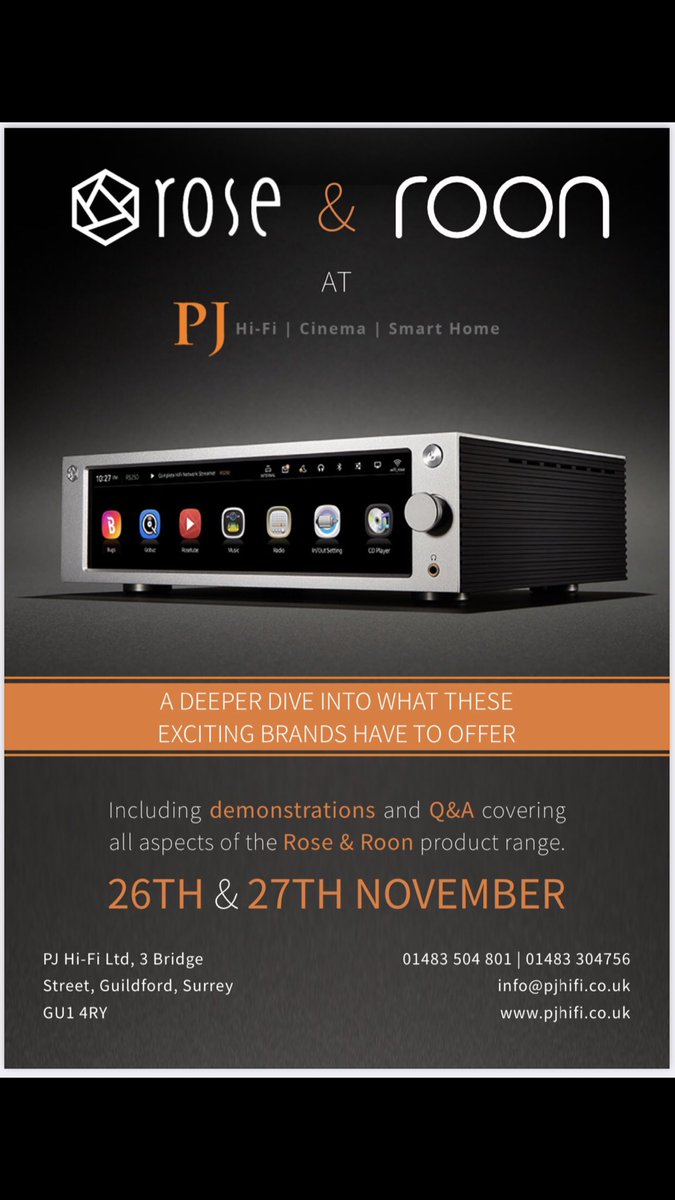 pjhifi's tweet photo. Join us to meet @roonlabs and #hifirose this Friday and Saturday!
Experience the slick #roonlabs app which pools your music streaming services into one app. Hear how #hifi rose will play any music format such as @MQAMusic and play back @TIDAL music videos!
#woking #guildford https://t.co/z6M3M9XVR7