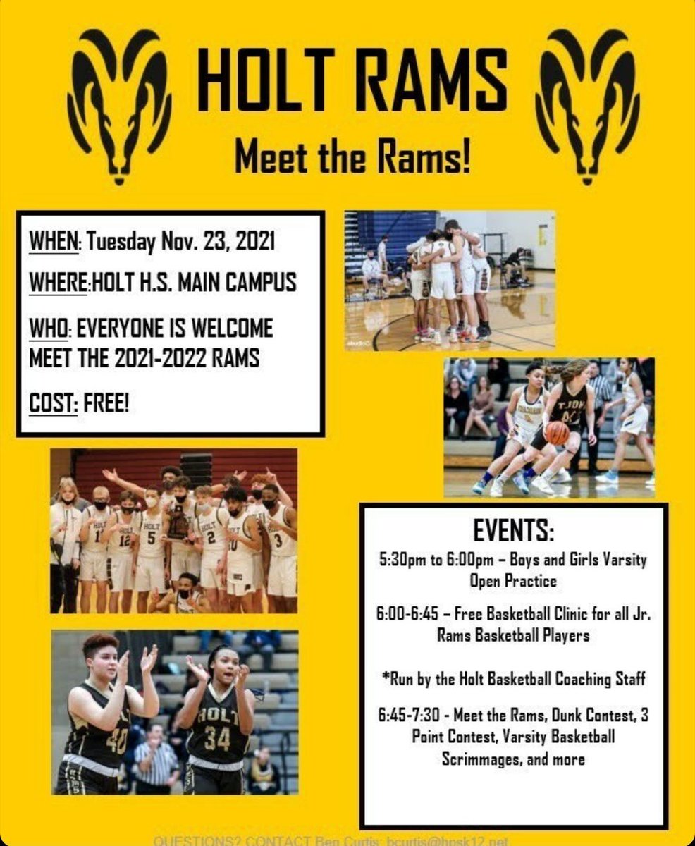 Meet the Rams tomorrow! Includes open practice, clinic for the Jr Rams, then introduce you to every player in our program! The dunk/3 point contests, varsity scrimmage will follow. Get ready for the first official action next week while getting familiar with our teams! #RamUp🐏💛