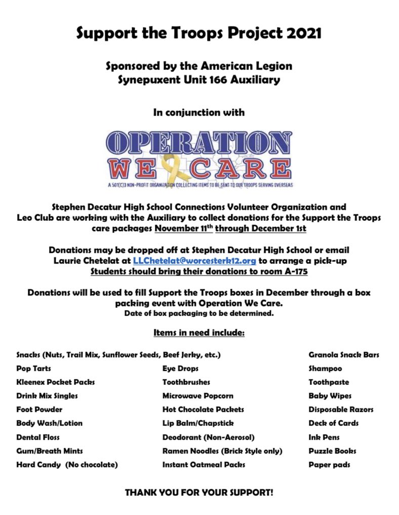 SDHSSeahawks's tweet photo. OPERATION WE CARE DRIVE continues through December 1st!
Thank you to the Harrison Group and Doubletree for supporting our Troop Donations project! Also, thank you to Tara Nunan and Kate Hughlett, #DecaturAlumni, for their leadership in organizing the donations. https://t.co/WQEnZKS05B