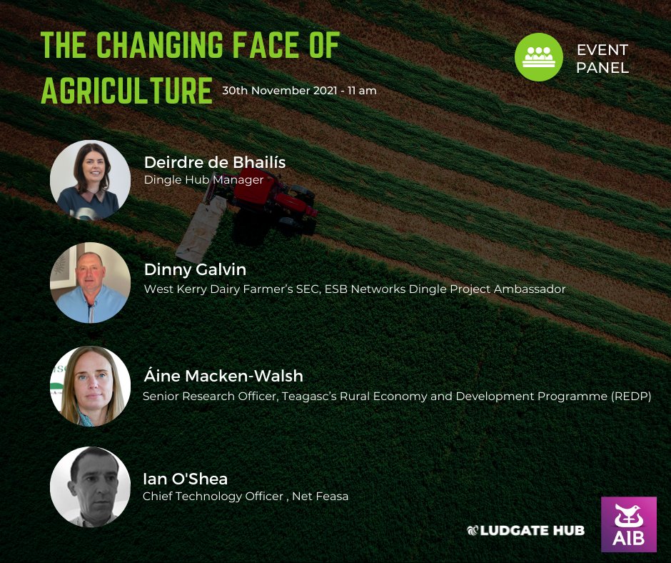 We are excited to announce our event panel for AgriDay2021 - "The Changing Face of Agriculture".

Deirdre de Bhailís - <a href="/DingleHub/">Dingle Hub</a> 
Dinny Galvin - #WestKerryDairyFarmersSEC
Áine Macken-Walsh - <a href="/teagasc/">Teagasc</a> 
Ian O'Shea - <a href="/Net_Feasa/">Net Feasa</a>

Register here: eventbrite.ie/e/191636198027

#BackedbyAIB