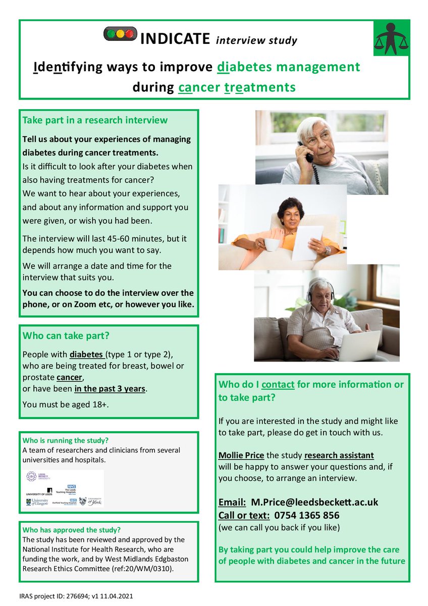 TCCInsightTeam's tweet photo. Researchers @leedsbeckett are looking for people with #diabetes (type 1 or 2) who are being treated for breast, bowel or prostate cancer (or have been in the past 3 years) to take part in an interview about their experiences
Email M.Price@leedsbeckett.ac.uk or call 0754 1365 856 https://t.co/GYPIVJqBpo