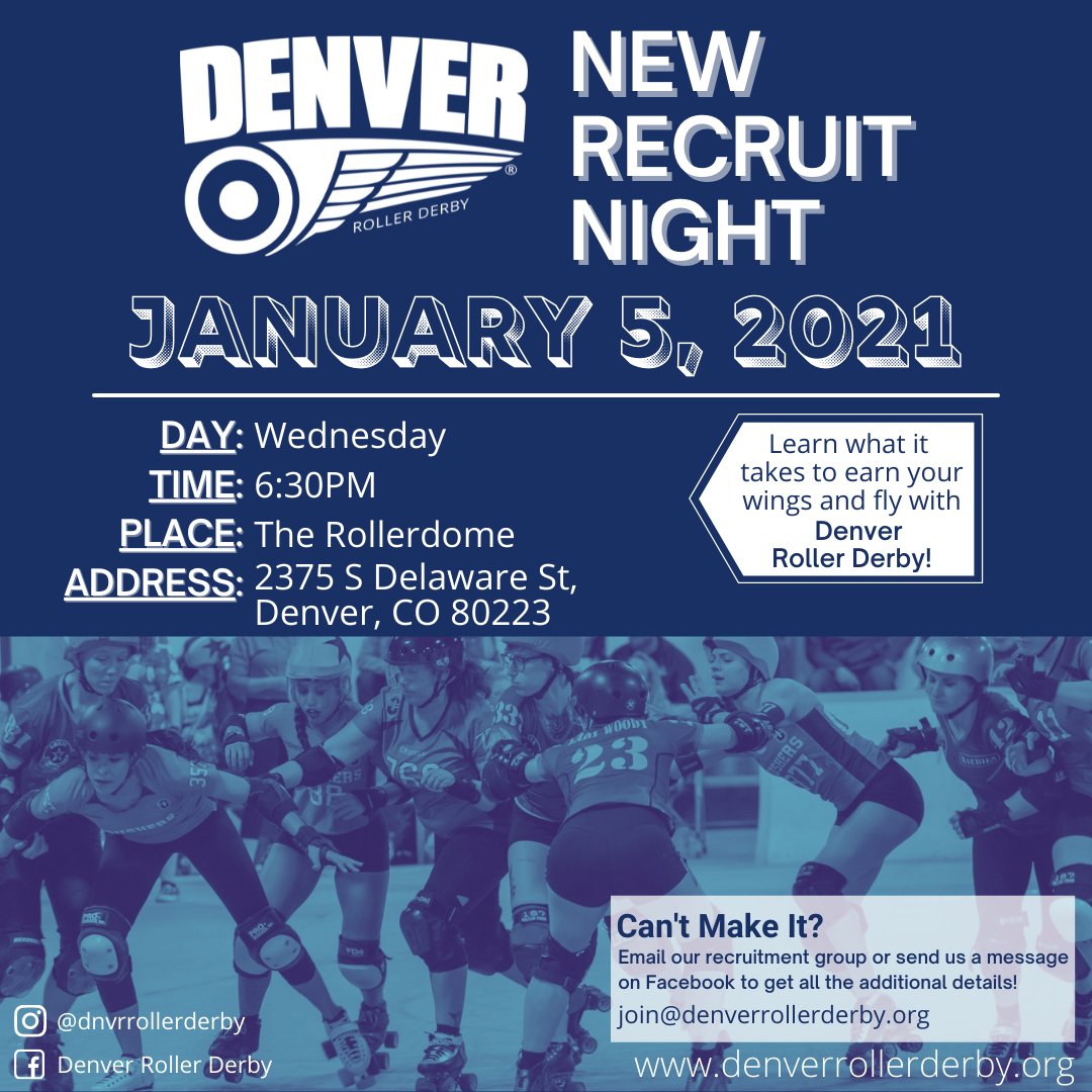 DNVRRollerDerby's tweet photo. Mark your calendars! DRD Adult Skaters (18+) New Recruit Night of 2022 is Wed Jan. 5th! Check out scrimmage and get the deets! Details on Facebook Event page and link in bio.
FB Event: https://t.co/JK4mh0DTpI
#DRDMVP #DRD #FlightSchool #DerbyWithAltitude #derbytwitter #DEN https://t.co/rES5s9XbKs