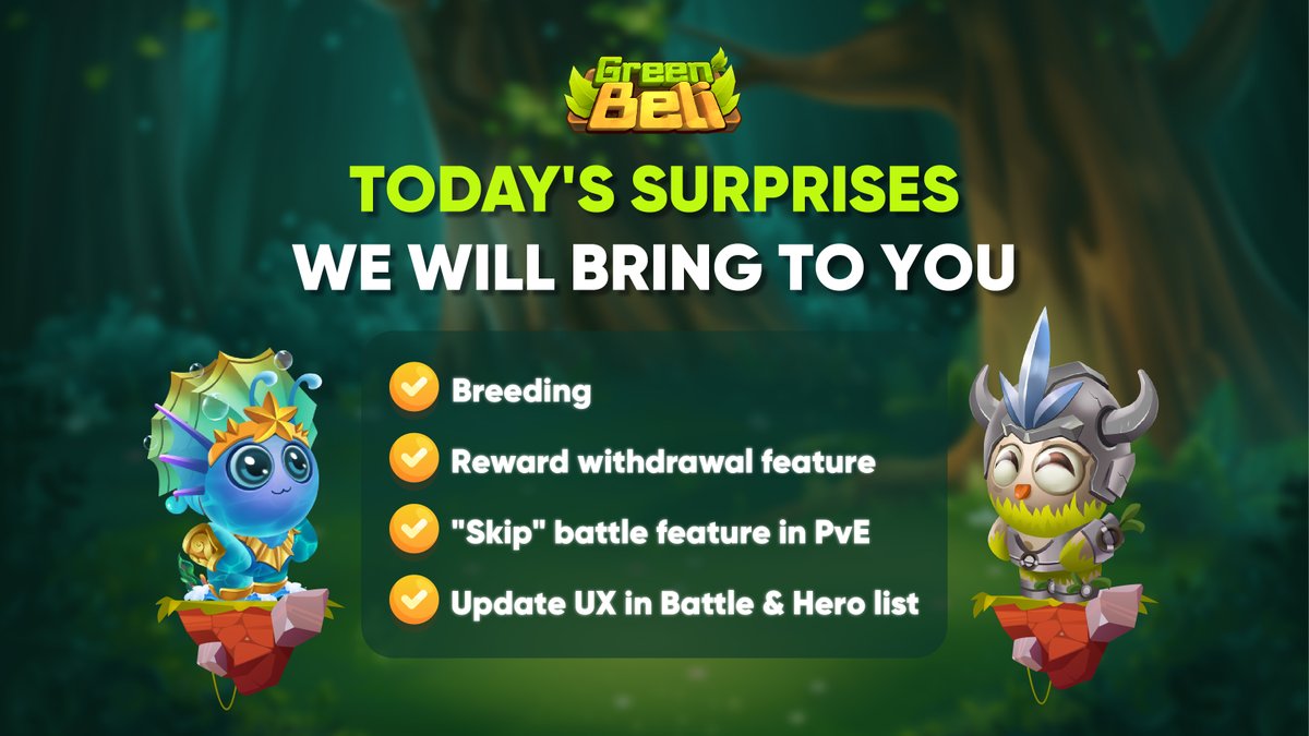 BIG IN-GAME FEATURES TO BE UPDATED TODAY 🔥
Here’s a list of upcoming features to be updated today. 
🔸 Breeding
🔸 Reward withdrawal feature
🔸 "Skip" battle feature in PvE
🔸 Update UX in Battle &amp; Hero list
You will need both $GRBE and $GFRUIT for Breeding. Get them ready! 🥰