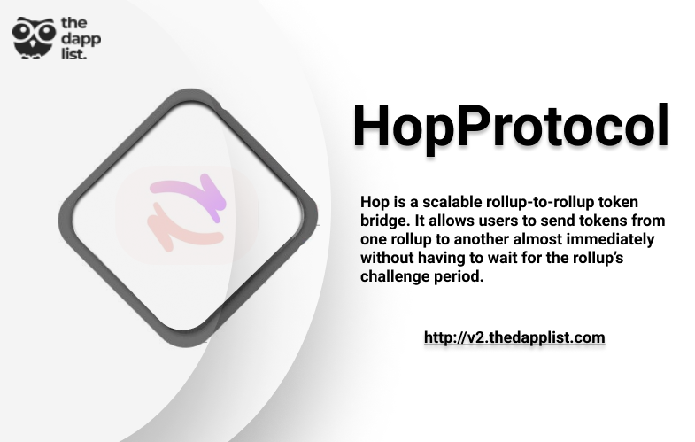 SiddiqiTahira's tweet image. 📢 @HopProtocol listed this week on @thedapplist  V2 🎉🎉
 
Hop is a scalable rollup-to-rollup token bridge. It allows users to send tokens from one rollup to another almost immediately without having to wait for the rollup’s challenge period.

#TraverseToWeb3 $WISE #DApps