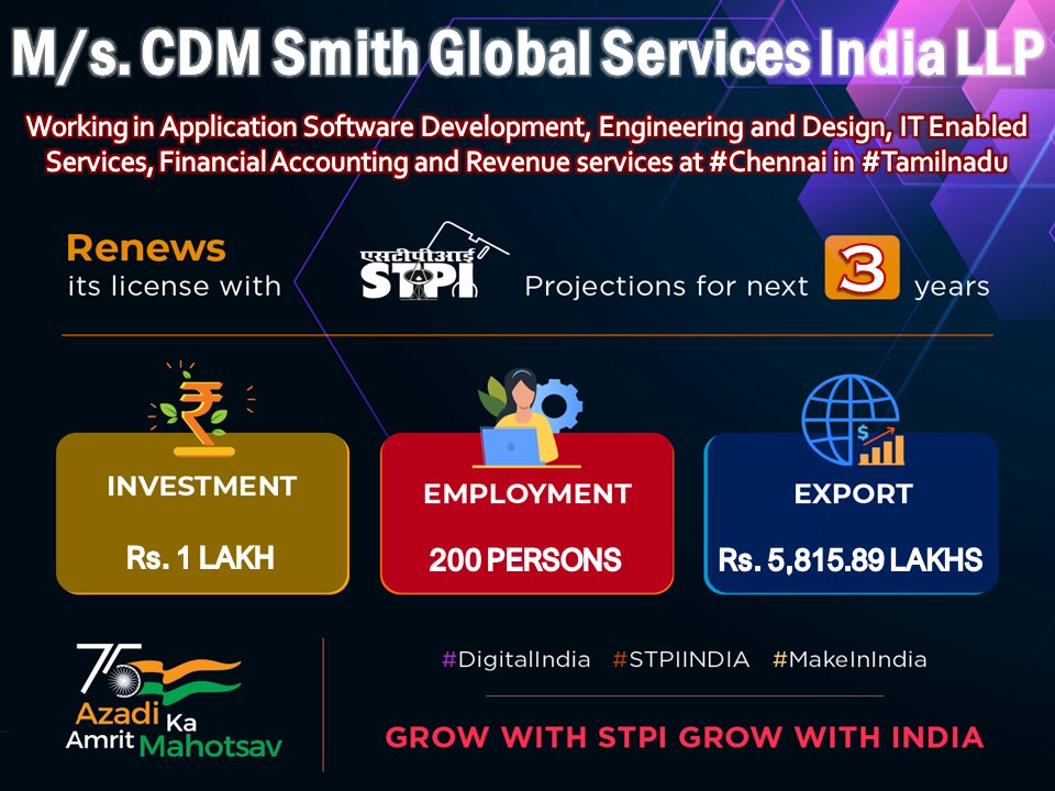Congratulations M/s. CDM Smith Global Services India LLP #Chennai! for renewal of license!
#GrowWithSTPI #DigitalIndia #STPIINDIA #StartupIndia <a href="/AshwiniVaishnaw/">Ashwini Vaishnaw</a> <a href="/Rajeev_GoI/">Rajeev Chandrasekhar (Parody)</a>