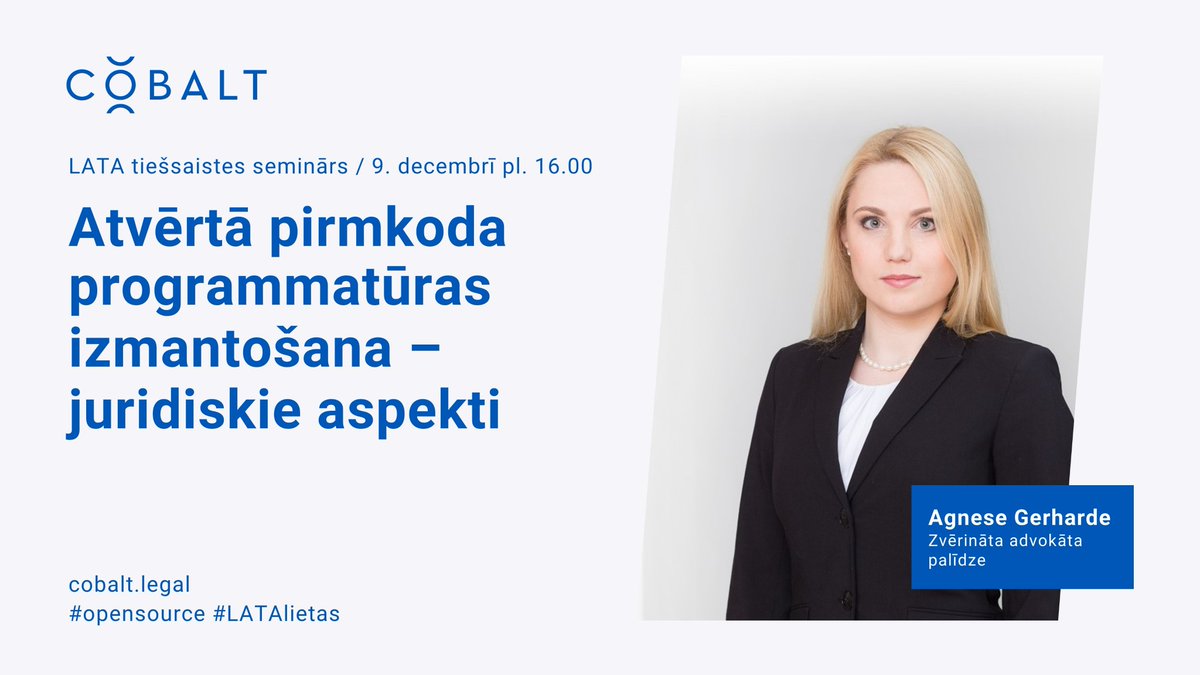 <a href="/LATA_org/">LATA</a> tiešsaistes seminārā <a href="/COBALT_LV/">COBALT Latvia</a> <a href="/AgneseGerharde/">Agnese Gerharde</a> stāstīs par atvērtā pirmkoda intelektuālā īpašuma aizsardzības jautājumiem.
🗓️ 9. decembrī pl. 16.00
👉 Pieteikties bezmaksas semināram: bit.ly/3ppMabY 
#opensource #LATAlietas