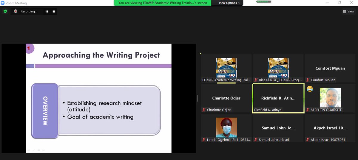 Ketsia502's tweet photo. Last academic training in writing.

  Yesterday, Dr. Ernest explored some research guides:
  - how do you approach the research project,
  - how to best write your subject, etc.

  The session will continue this evening at 8 p.m. with our wonderful master's students from Ghana 🇬🇭 https://t.co/oIMxJ707eN