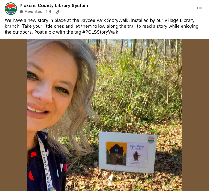 PCFirstSteps's tweet photo. There's a new story in place at the Jaycee Park StoryWalk! Thank you @PickensCoLib! #DoBasics #ExploreThroughMovementAndPlay #ReadAndDiscussStories #PCLSStoryWalk https://t.co/Jawlxug6K7