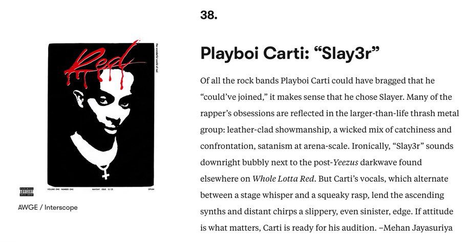 CartiCharts_'s tweet photo. Playboi Carti’s “Slay3r” ranks #38 on The 100 Best Songs of 2021 by @pitchfork‼️🎸
#PlayboiCarti #carti #pitchfork #slay3r #wholelottared #wlr https://t.co/Gcm4fNxNyG