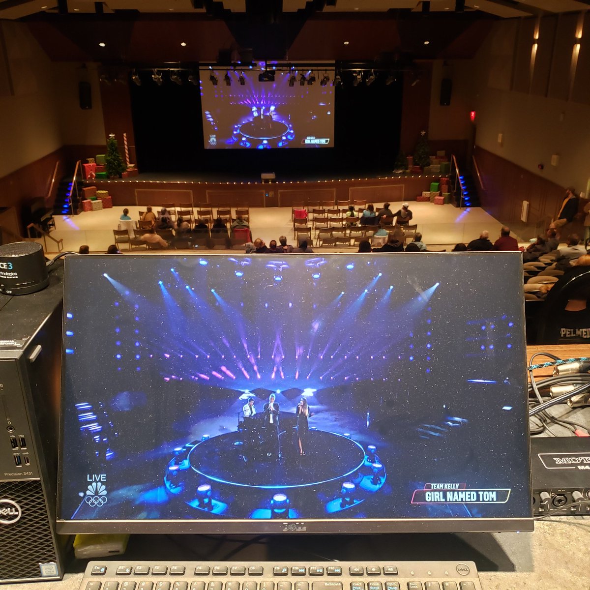 View from the control booth in the Pettisville theatre for the <a href="/girlnamedtom/">Girl Named Tom</a> watch party.