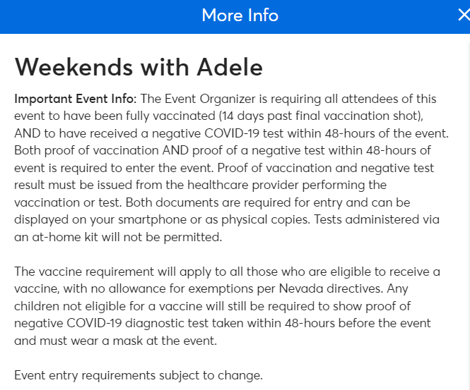 LasVegasLocally's tweet photo. If you're going to see Adele in Las Vegas you'll need to be fully vaccinated AND have a negative covid-19 test within 48-hours of the concert. (h/t @Mike__Green) https://t.co/bUxljFwfTH