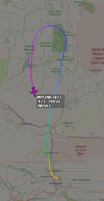 ameliairheart's tweet photo. NASA Gulfstream III N992NA undergoing a test flight during her maintenance process at NASA's 
Armstrong Flight Research Center Building 703, Palmdale Regional Airport, CA. #ADSB #ADDB3E https://t.co/ObM1dLjott