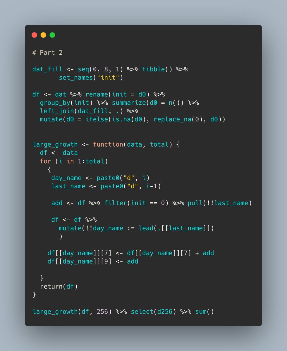 AndrewFarina01's tweet photo. #AdventOfCode continues to be a challenge. Part 1, I tracked the fish, Part 2 needed a different approach where I had to track the count of fish due to the size of the resulting dataset. I think I'm getting a little better every day at #rstats https://t.co/iJfPiaHNHR
