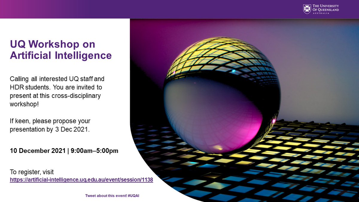 UQ School of EECS (@uqschooleecs) on Twitter photo 📣📣📣 #UQ Community, staff and #HDR students!
"2021 UQ Workshop on Artificial Intelligence", 
#UQITEE's Associate Prof Marcus Gallagher and Dr Alina Bialkowski will be leading this event initiative, so we know it'll be a good one! 👏 
Registrations via:
eventbrite.com.au/e/2021-uq-work… 📣📣📣 #UQ Community, staff and #HDR students!
"2021 UQ Workshop on Artificial Intelligence", 
#UQITEE's Associate Prof Marcus Gallagher and Dr Alina Bialkowski will be leading this event initiative, so we know it'll be a good one! 👏 
Registrations via:
eventbrite.com.au/e/2021-uq-work…