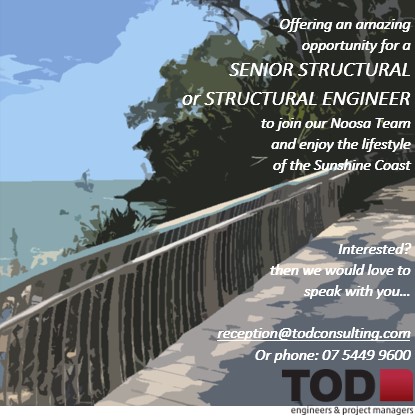 TOD_consulting's tweet photo. We are HIRING – seeking a #SeniorStructuralEngineer and/or #StructuralEngineer highly reputable and well established Consultancy team in Noosaville, Sunshine Coast, find us at https://t.co/NDSgTxZjLu
@TOD_consulting
#positionsvacant #engineering #structuralengineering #noosaville https://t.co/VUsraoIBJ0